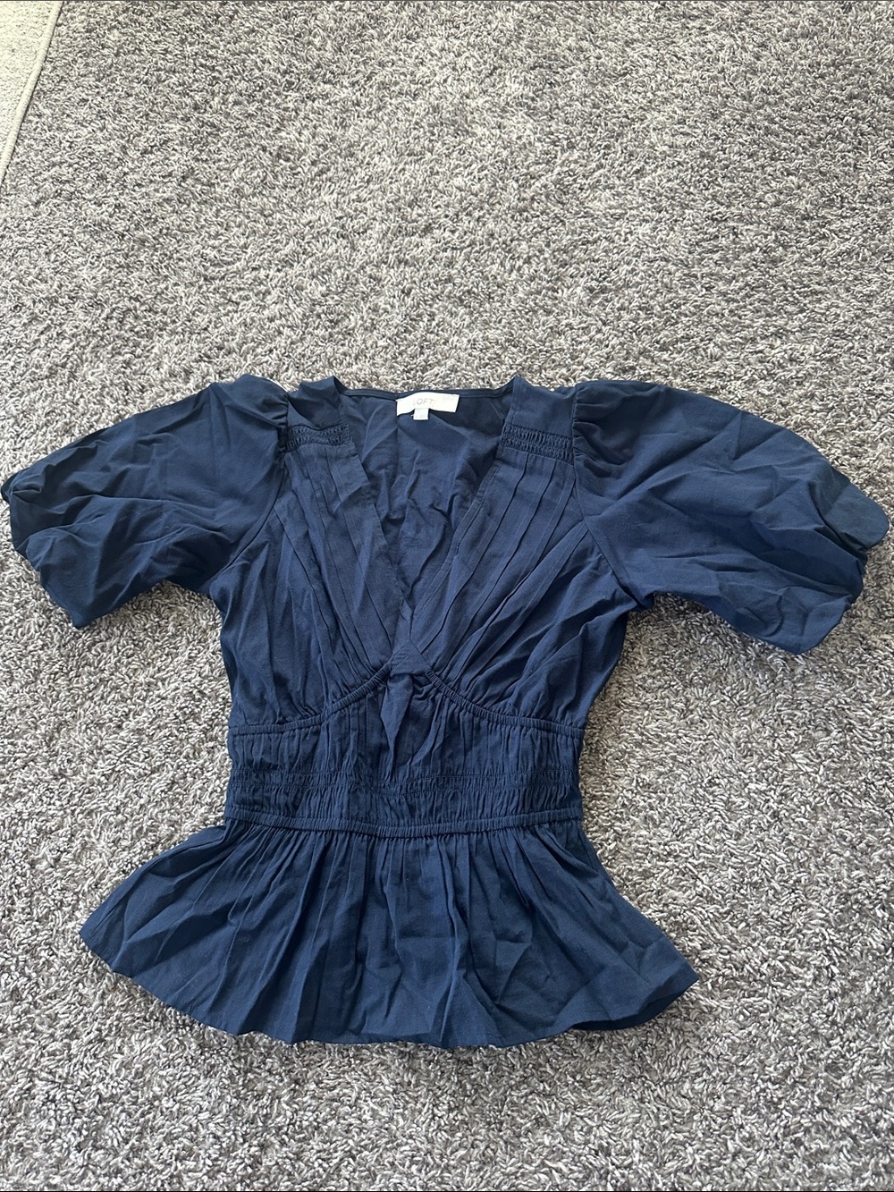 LOFT Navy Puff-Sleeve Smocked Peplum Blouse
